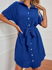 SHEIN LUNE Dolman Sleeve Belted Shirt Dress - Royal Blue - View 6