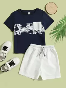 SHEIN 男童熱帶印花口袋編修t恤和短褲 - 藍白色 - 查看 1