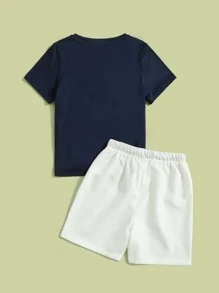 SHEIN 男童熱帶印花口袋編修t恤和短褲 - 藍白色 - 查看 2