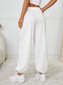 SHEIN SXY X Kimberly Loaiza Pantalones deportivos con bordado de letra de cintura elástica - Blanco - Ver 1
