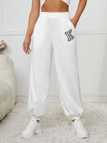 SHEIN SXY X Kimberly Loaiza Pantalones deportivos con bordado de letra de cintura elástica - Blanco - Ver 2