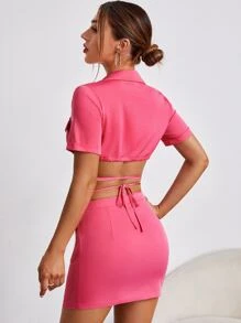 SHEIN SXY X Kimberly Loaiza十字交叉後綁帶短款上衣和翻蓋口袋包臀半身洋裝