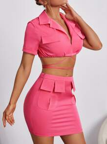 SHEIN SXY X Kimberly Loaiza十字交叉後綁帶短款上衣和翻蓋口袋包臀半身洋裝