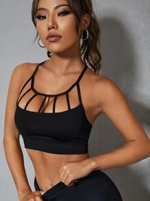 SHEIN Cut Out Crisscross Backless Sports Cami Top - Black - View 4