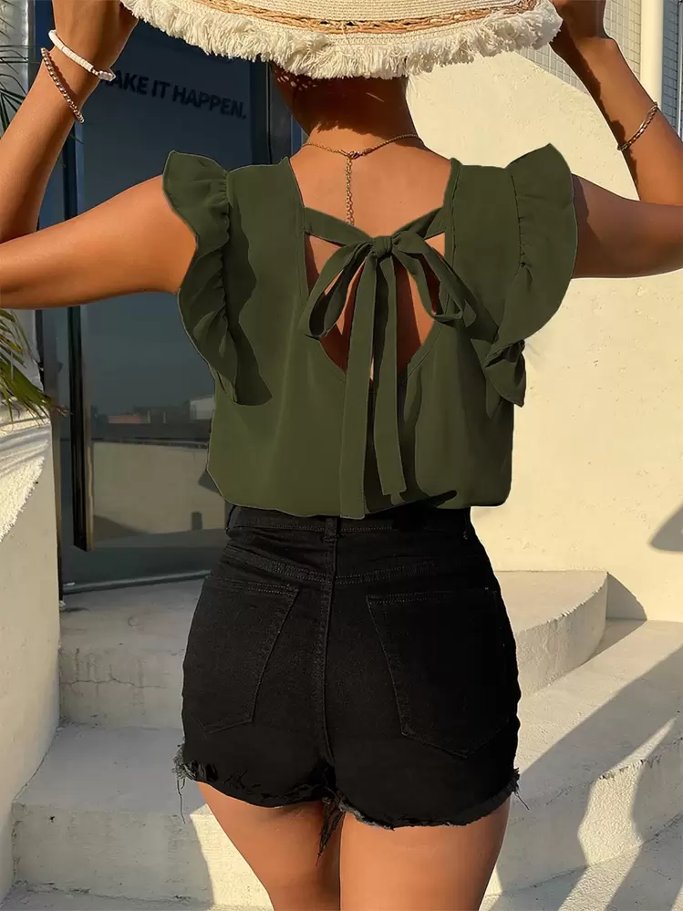 Breezaya קפל קשירה מאחור פשוט בוהו חולצות לנשים - צבאי ירוק - ראה 1