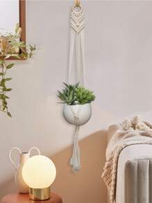 1 件装织物植物挂架，波西米亚风珠饰和流苏装饰编织悬挂花盆篮，适合室内和室外