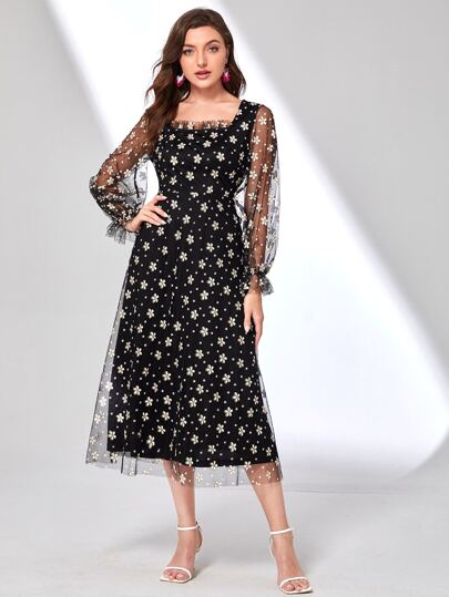 Modelyn Vestido con estampado floral fruncido de malla