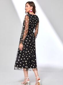 Modelyn 印花木耳褶皺邊網紗洋裝 - 黑色 - 查看 2