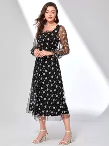 Modelyn 印花木耳褶皺邊網紗洋裝 - 黑色 - 查看 3