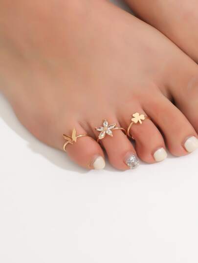 3pcs Cubic Zirconia Flower & Butterfly Decor Cuff Toe Ring Valentines