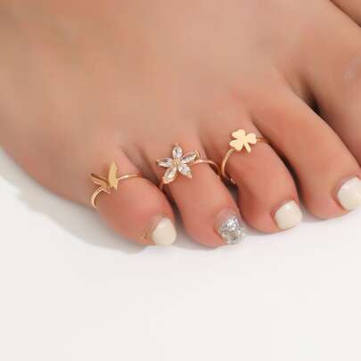 3 件装方晶锆石花朵和蝴蝶装饰袖口脚趾环情人节礼物