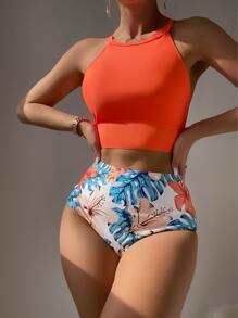 Swim Lushoire Conjunto de bikini con estampado tropical aleatorio, parte superior halter con recorte en la espalda y Bottom de bikini de cintura alta, traje de baño de 2 piezas