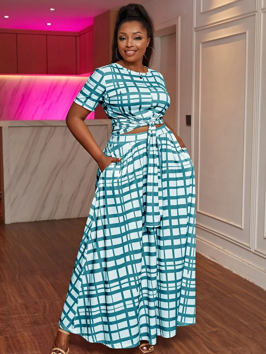 Plus Tie Front Plaid Tee and Skirt Set - Blue and White - View 1