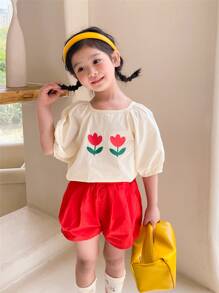 少女夏季新款短袖圓領鬱金香印花泡泡袖上衣短褲套裝 - 紅白色 - 查看 1