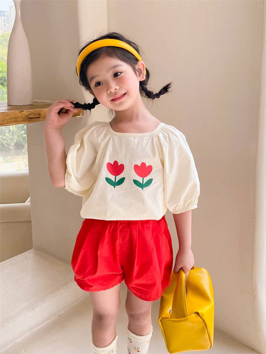 少女夏季新款短袖圓領鬱金香印花泡泡袖上衣短褲套裝 - 紅白色 - 查看 1