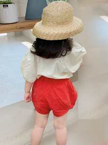 少女夏季新款短袖圓領鬱金香印花泡泡袖上衣短褲套裝 - 紅白色 - 查看 2