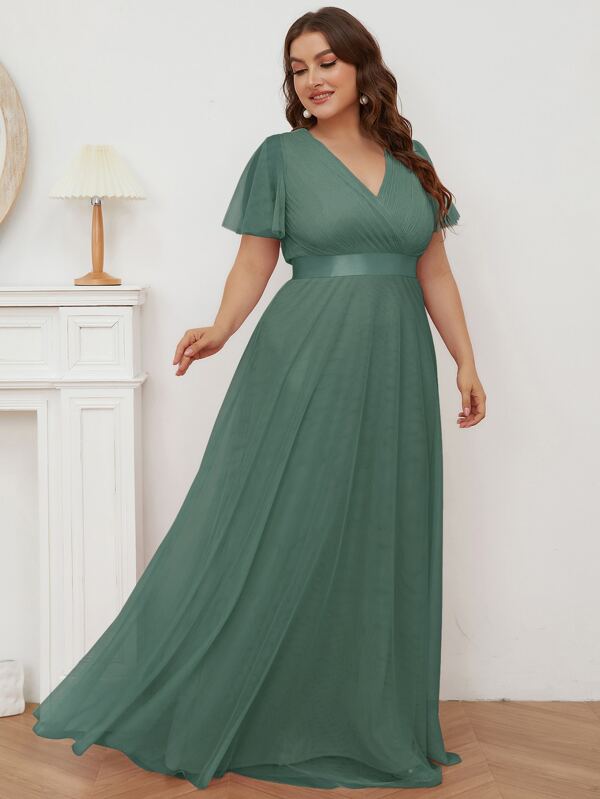 EVER-PRETTY Plus Size Mesh Ruffle Chest Splicing High Waist Bridesmaid Dress