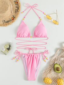 Bead Decor Micro Triangle Bikini - Baby Pink - View 6