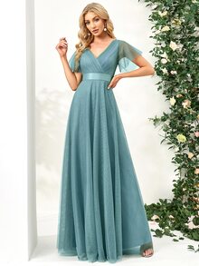 EVERPRETTY 浪漫V领及地A字薄纱伴娘礼服/婚礼宾客礼服 - 青碧色 - 查看 4