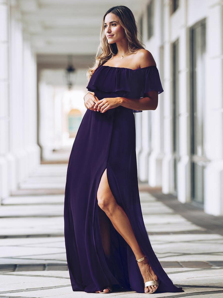 荷葉邊一字肩高衩雪紡伴娘連衣裙