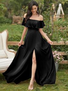 Off-Shoulder Ruffle Sleeve Side Slit A-Line Chiffon Black Bridesmaid Dress, Wedding Guest Dress, Wedding/Vacation/Graduation Ceremony - Black - View 4