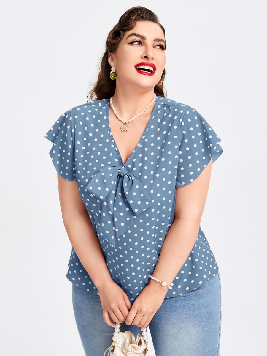 SHEIN DECDS Plus Polka Dot Print Knot Front Butterfly Sleeve Blouse - Blue - View 1