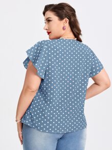 SHEIN DECDS Plus Polka Dot Print Knot Front Butterfly Sleeve Blouse - Blue - View 2