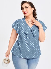 SHEIN DECDS Plus Polka Dot Print Knot Front Butterfly Sleeve Blouse - Blue - View 3