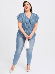 SHEIN DECDS Plus Polka Dot Print Knot Front Butterfly Sleeve Blouse - Blue - View 4