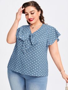SHEIN DECDS Plus Polka Dot Print Knot Front Butterfly Sleeve Blouse - Blue - View 5
