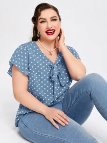 SHEIN DECDS Plus Polka Dot Print Knot Front Butterfly Sleeve Blouse - Blue - View 6