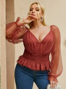 Simplee Áo sơ mi Plus Size Xù Viên lá sen Dải chun màu trơn Thanh lịch - Gỗ đỏ - Xem 5