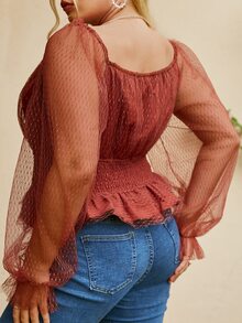 Simplee Áo sơ mi Plus Size Xù Viên lá sen Dải chun màu trơn Thanh lịch - Gỗ đỏ - Xem 2