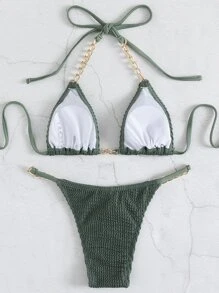 SHEIN Swim Summer Beach Textured Bikini Set Chain Linked Halter Micro Triangle Bra & Thong Bottom 2 Piece Bathing Suit - Army Green - View 2