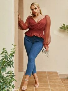 Simplee Áo sơ mi Plus Size Xù Viên lá sen Dải chun màu trơn Thanh lịch - Gỗ đỏ - Xem 1