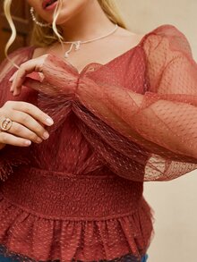 Simplee Áo sơ mi Plus Size Xù Viên lá sen Dải chun màu trơn Thanh lịch - Gỗ đỏ - Xem 3