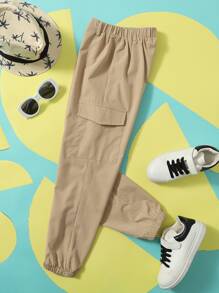 SHEIN Tween Boys Casual Elastic Waist Cargo Pants With Flap Pockets - Khaki - View 1