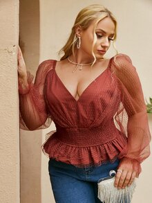 Simplee Áo sơ mi Plus Size Xù Viên lá sen Dải chun màu trơn Thanh lịch - Gỗ đỏ - Xem 4