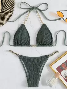 SHEIN Swim Summer Beach Textured Bikini Set Chain Linked Halter Micro Triangle Bra & Thong Bottom 2 Piece Bathing Suit - Army Green - View 5