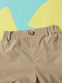 SHEIN Tween Boys Casual Elastic Waist Cargo Pants With Flap Pockets - Khaki - View 4