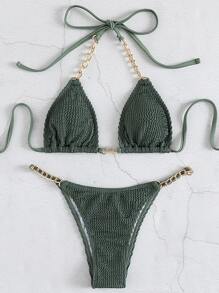 SHEIN Swim Summer Beach Textured Bikini Set Chain Linked Halter Micro Triangle Bra & Thong Bottom 2 Piece Bathing Suit - Army Green - View 6