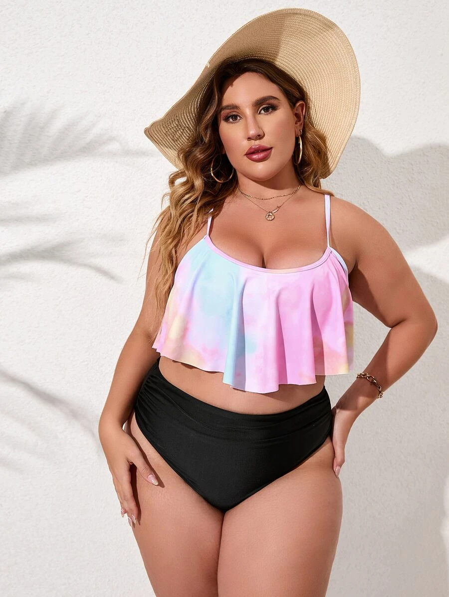 SHEIN Swim Curve Plus Size Tie Dye Bikini Set Flowy Cami Top & Ruched High Waist Bottom 2 Pieces Bikini Summer Beach - Multicolor - View 1