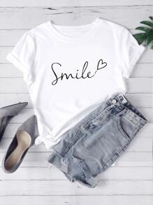 SHEIN LUNE Camiseta con estampado de letras y corazones, camisetas estampadas para mujeres - Blanco - Ver 1