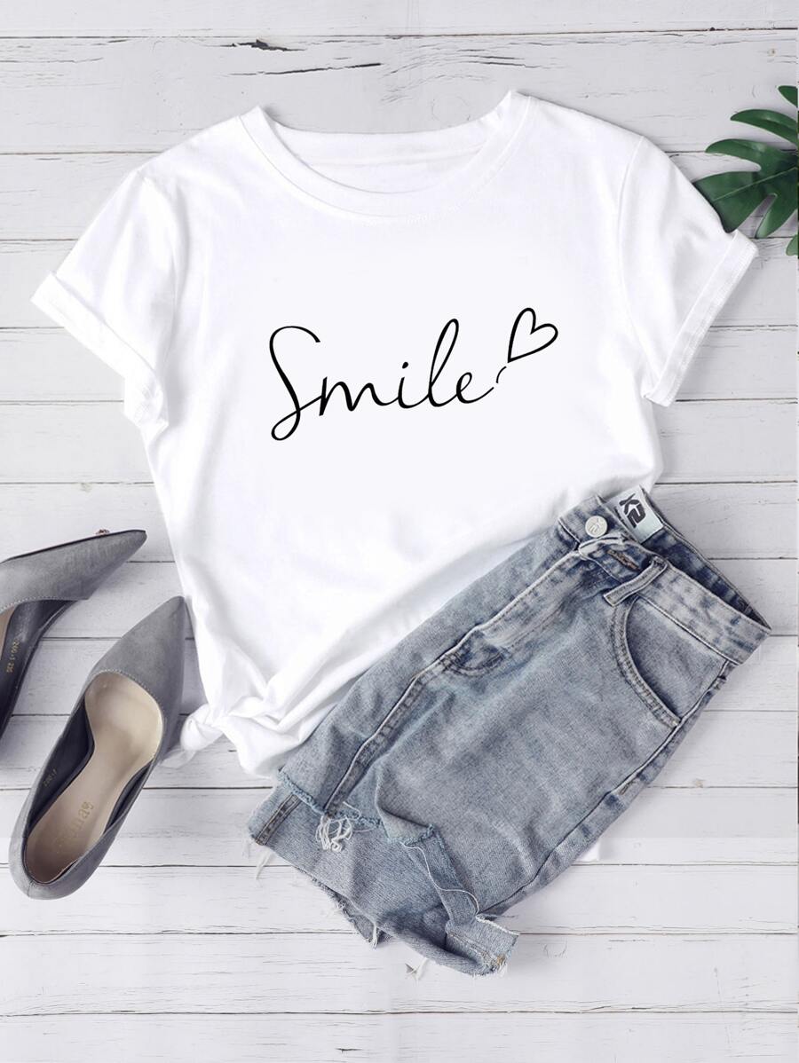 SHEIN LUNE Camiseta con estampado de letras y corazones, camisetas estampadas para mujeres - Blanco - Ver 1