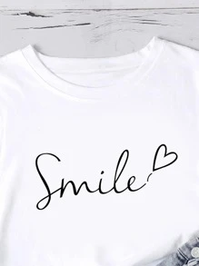 SHEIN LUNE Camiseta con estampado de letras y corazones, camisetas estampadas para mujeres - Blanco - Ver 4