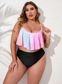 SHEIN Swim Curve Plus Size Tie Dye Bikini Set Flowy Cami Top & Ruched High Waist Bottom 2 Pieces Bikini Summer Beach - Multicolor - View 6