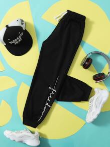 SHEIN Tween Boy Casual Elastic Waist Drawstring Shorts With Letter Print