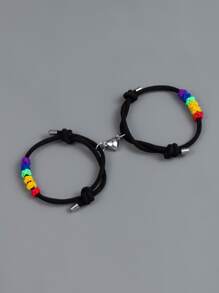 2pcs Men Rainbow Striped Knot Decor Magnetic Bracelet - Black - View 1