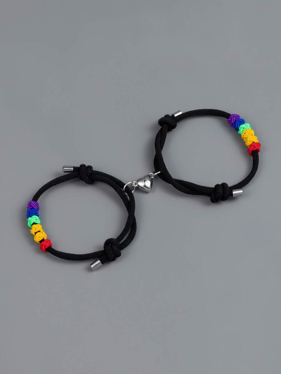 2pcs Men Rainbow Striped Knot Decor Magnetic Bracelet - Black - View 1