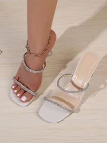 Women Rhinestone Decor Clear Strap Pyramid Heeled Mule Sandals, Glamorous Open Toe Ankle Strap Sandals Valentines,Spring Summer Outfits - Beige - View 4